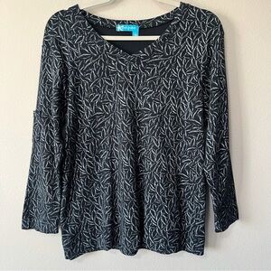 Fresh Produce Women's Size Large Black Gray Tropical Leaf Print 3/4 Sleeve Top